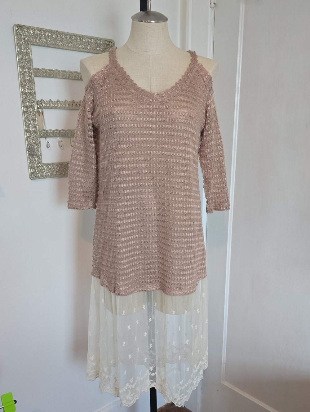 Hayden Beige Crochet Knit Top with Yellow Tag Accent